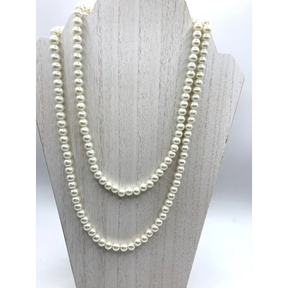 Long Single strand‎ White Glass Faux Pearls 42
